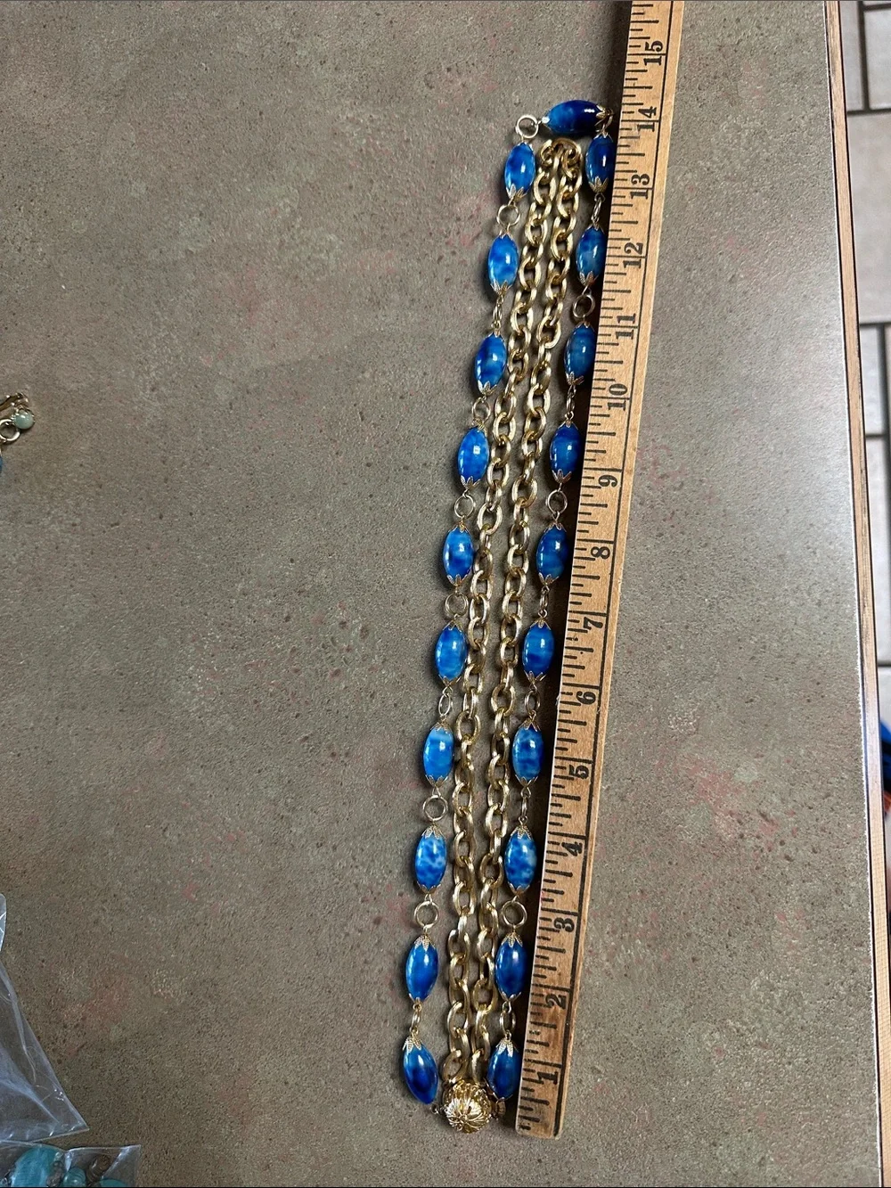 Vintage Hong Kong Multi Strand Blue Marbled Bead Necklace & Earring Set